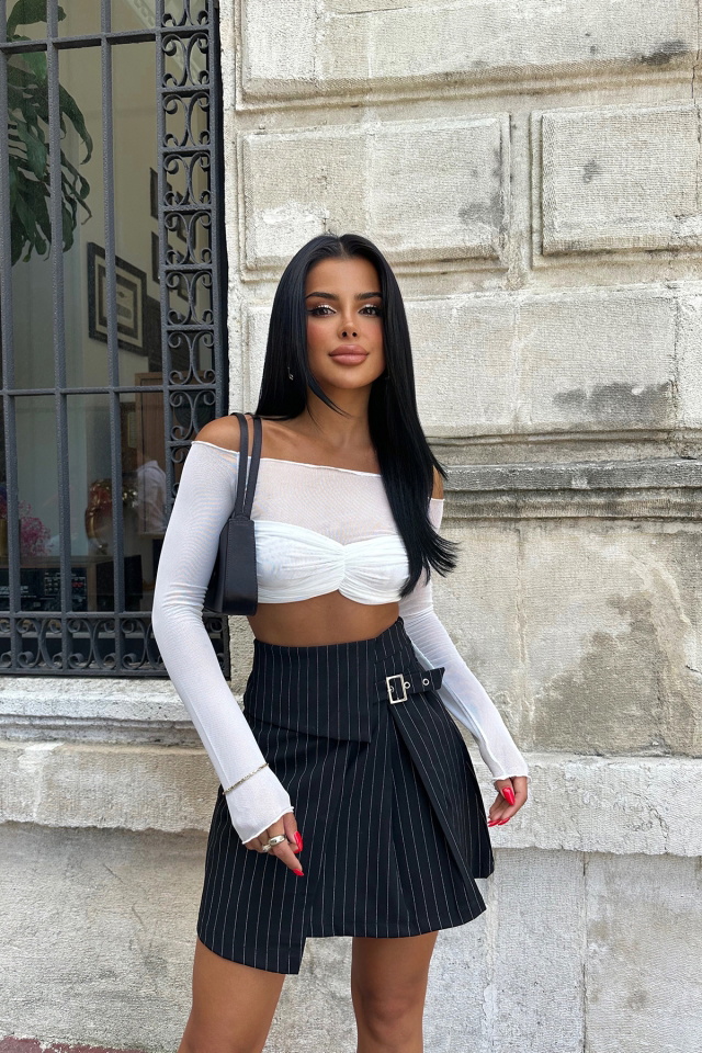 Siyah Çizgili Toka Detay Mini Etek ATE7273 - 4