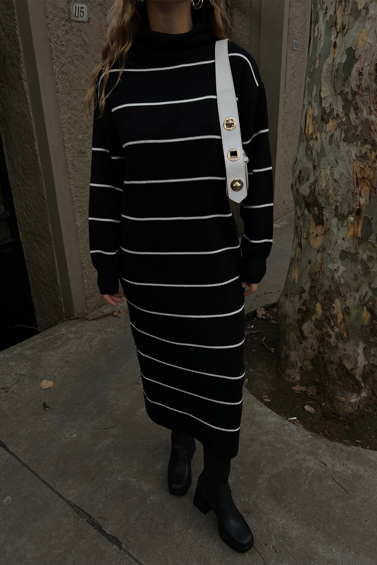 Siyah Çizgili Uzun Elbise ATE2979 - EYYO