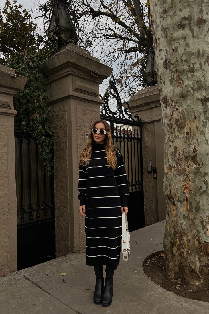 Siyah Çizgili Uzun Elbise ATE2979 - EYYO