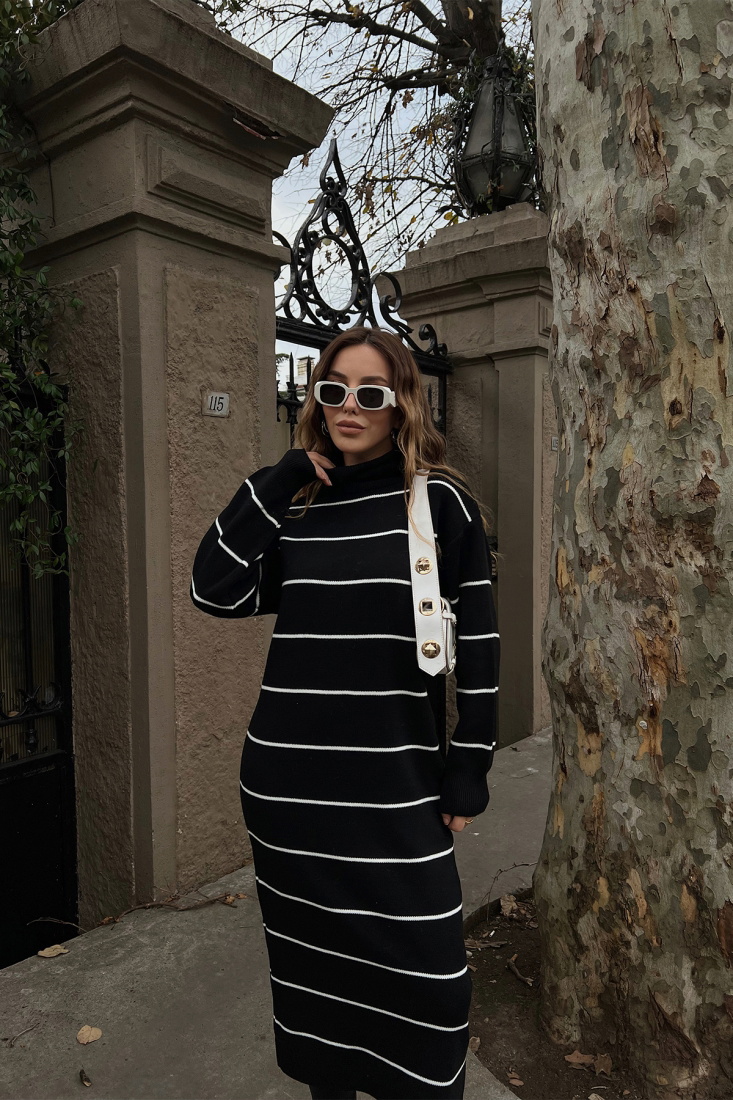 Siyah Çizgili Uzun Elbise ATE2979 - EYYO