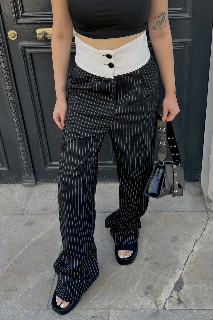 Siyah Çizgili Yüksek Bel Pantolon ATE7103 - EYYO TOPTAN