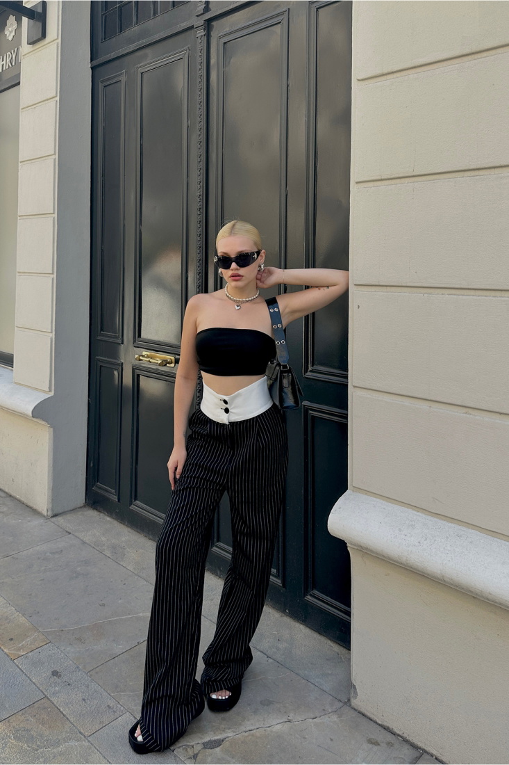 Siyah Çizgili Yüksek Bel Pantolon ATE7103 - EYYO TOPTAN