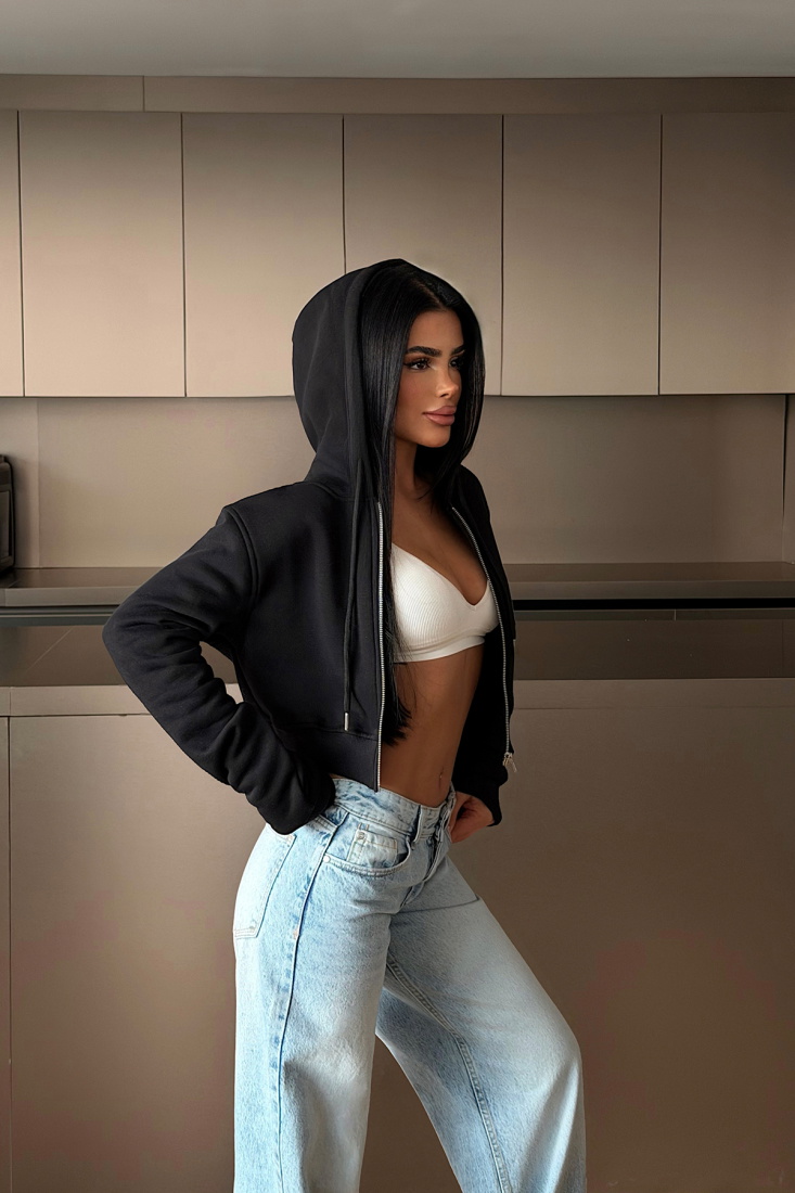 Siyah Caiden Crop Hırka ATE-4859 - EYYO