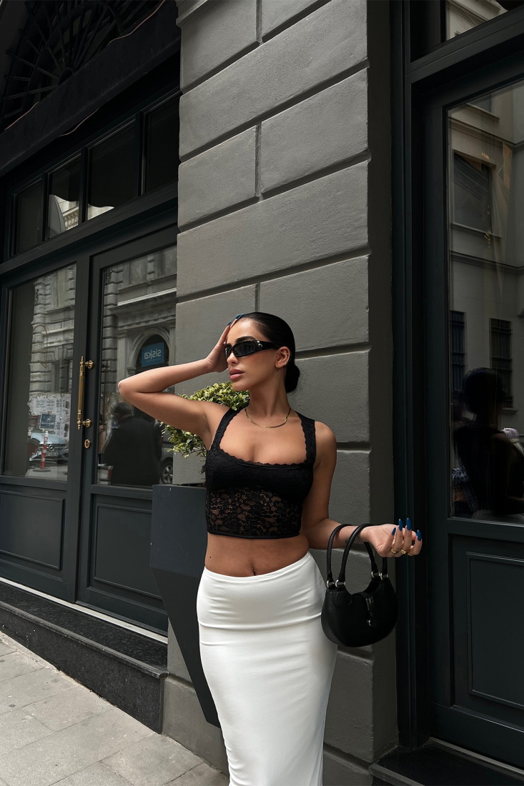 Siyah Dantel Detay Crop Top ATE6718 - MSY