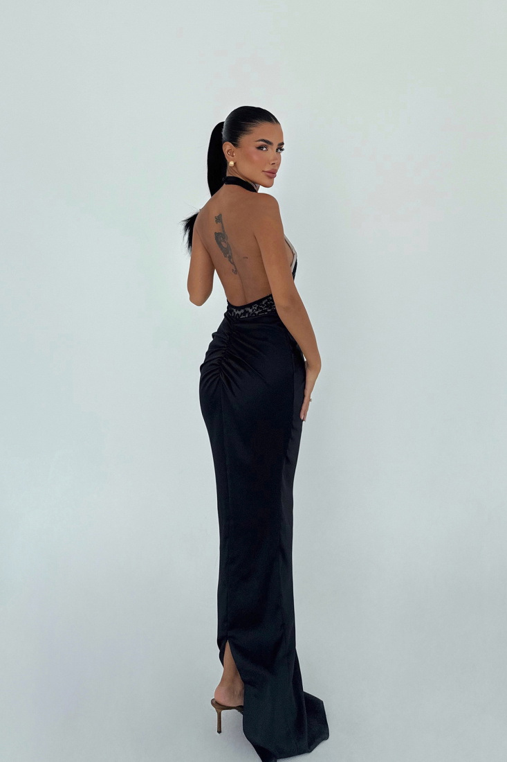 Siyah Marlo Dantel Detaylı Saten Elbise ATE-3450 - EYYO