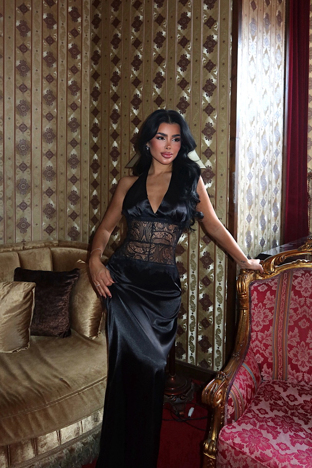 Siyah Bathy Uzun Dantel Detaylı Saten Elbise ATE-4053 - 3