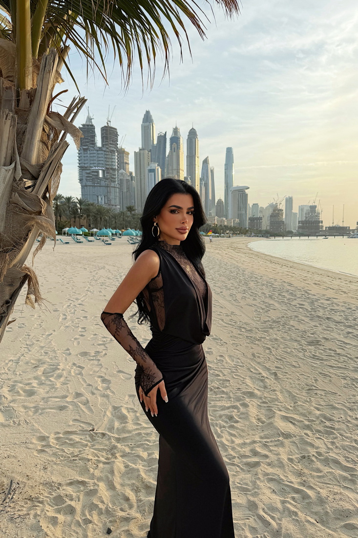 Siyah Palisades Dantel Uzun Elbise ATE-4720 - EYYO