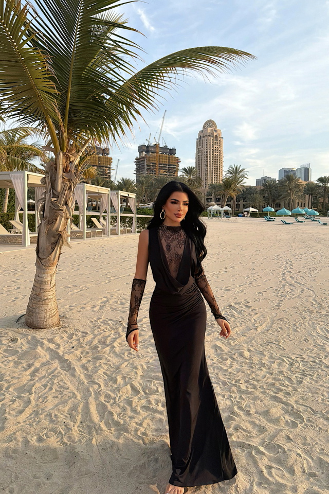 Siyah Palisades Dantel Uzun Elbise ATE-4720 - 5