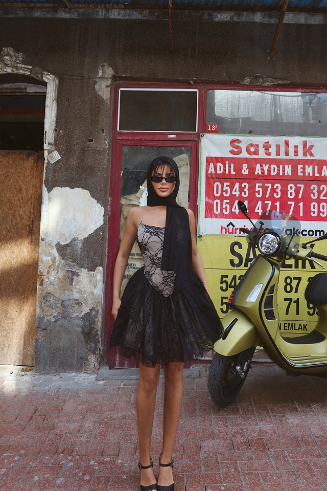 Siyah Dantel Detay Straplez Mini Elbise ATE-2762 - 2