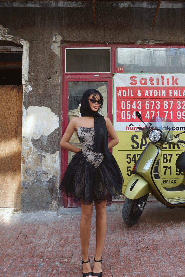 Siyah Dantel Detay Straplez Mini Elbise ATE-2762 - 4