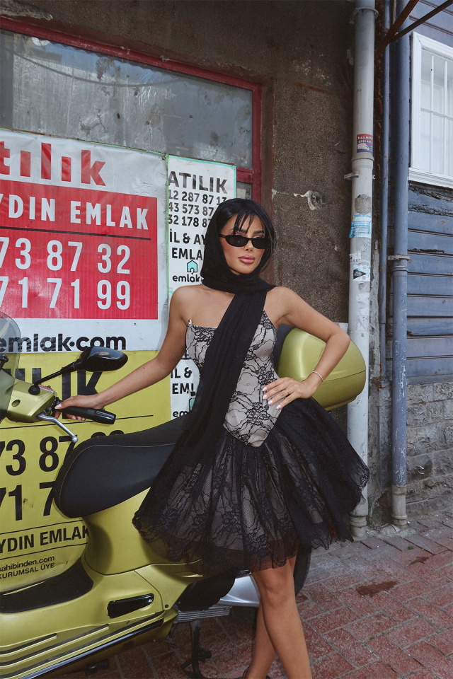 Siyah Evelina Mini Dantel Elbise ATE-2762 - 1