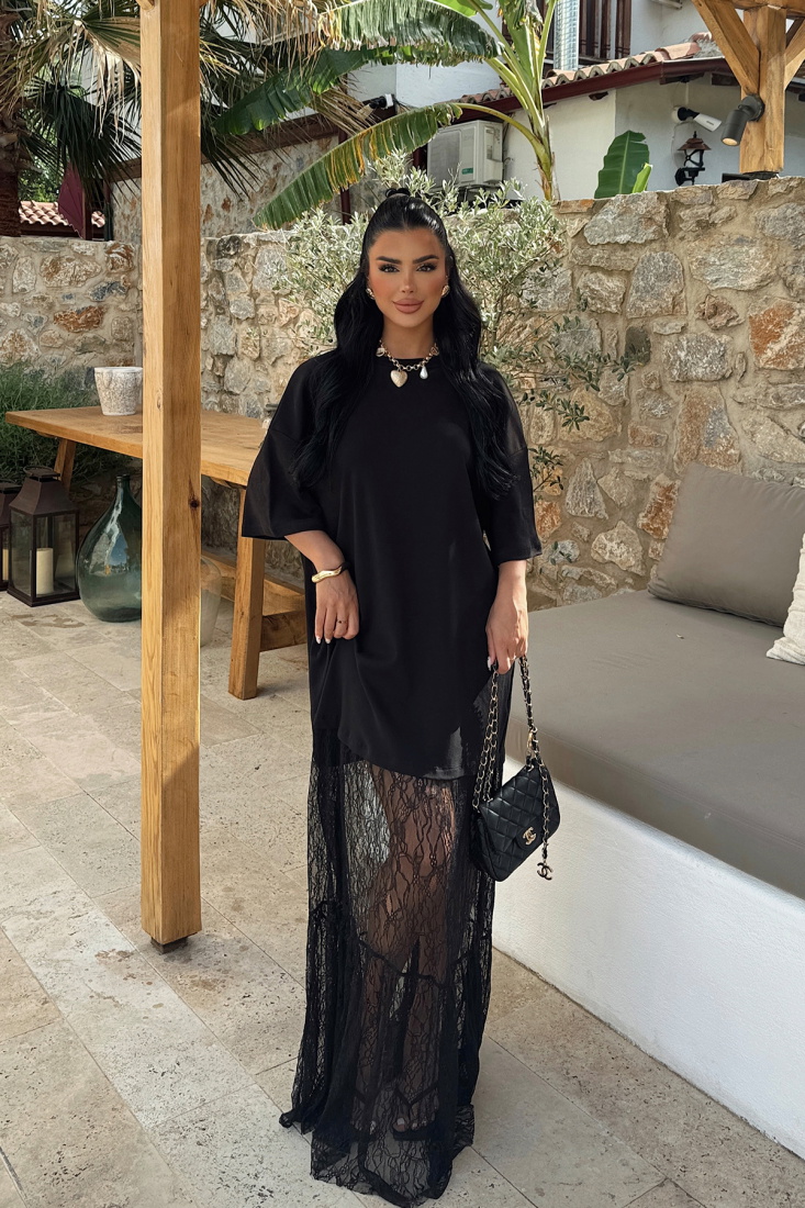 Siyah Dantel Detay Uzun Elbise ATE-1057 - EYYO