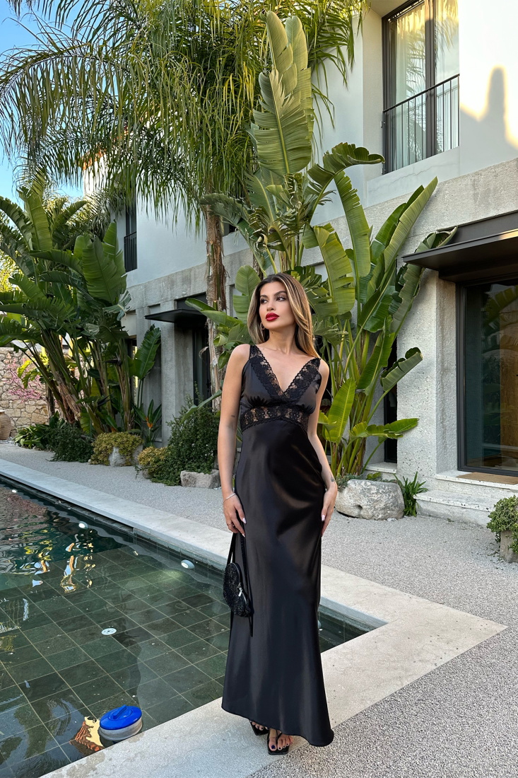 Siyah Dantel Detay Uzun Elbise ATE4913 - EYYO