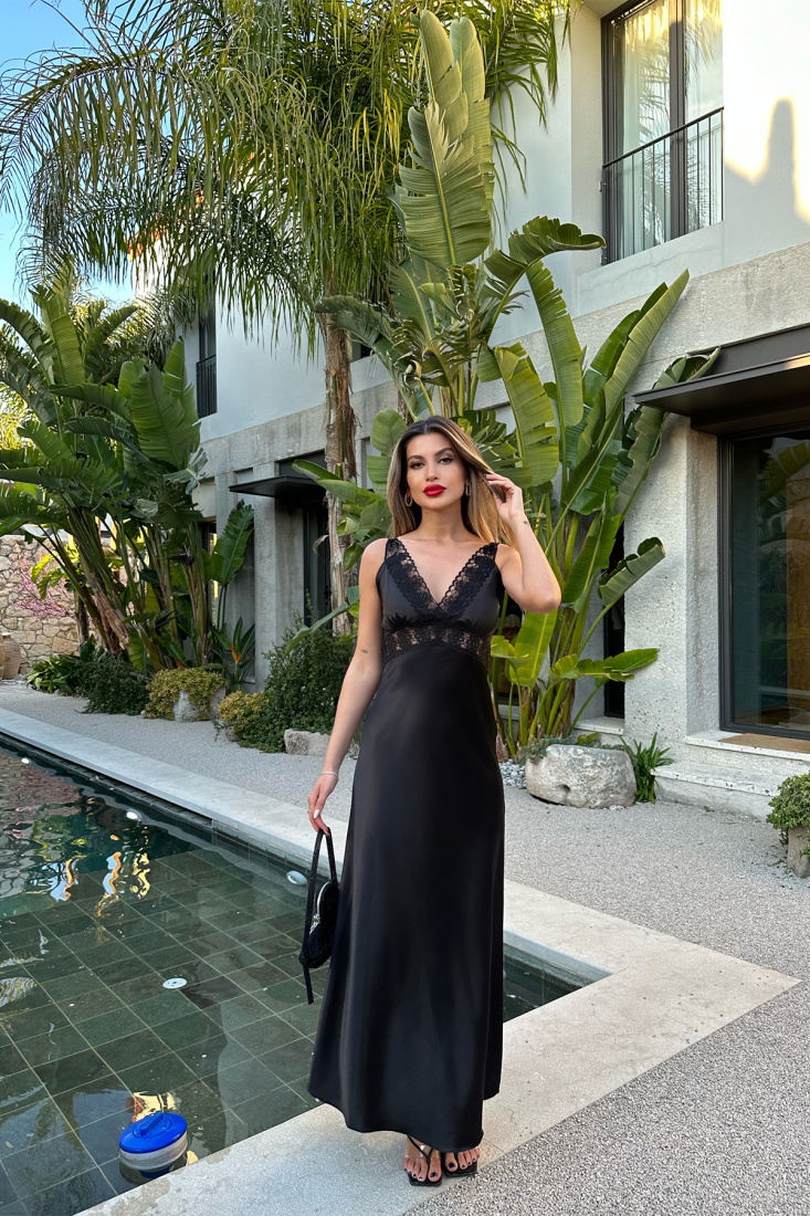 Siyah Dantel Detay Uzun Elbise ATE4913 - EYYO