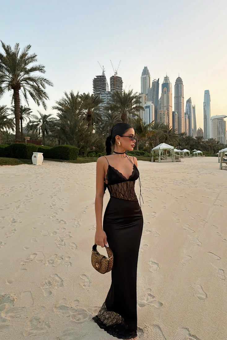 Siyah Alaia Dantel Detay Saten Elbise ATE-4945 - EYYO