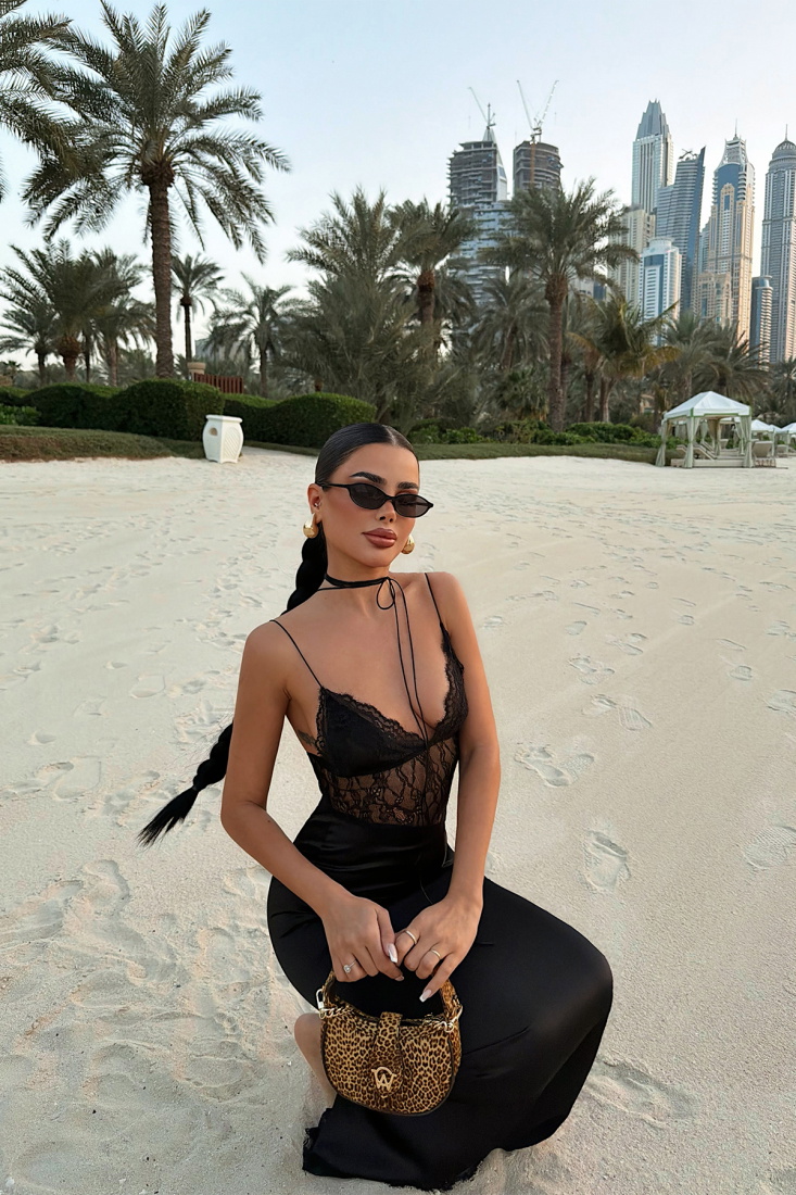 Siyah Alaia Dantel Detay Saten Elbise ATE-4945 - EYYO