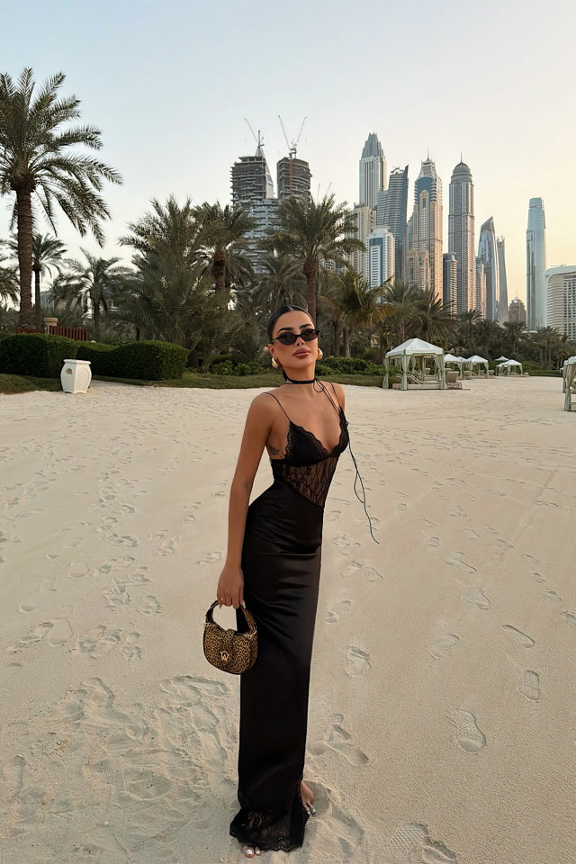 Siyah Alaia Dantel Detay Saten Elbise ATE-4945 - 5