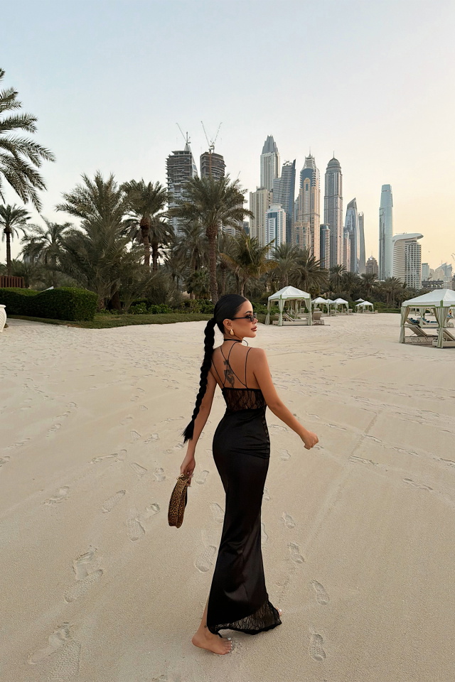 Siyah Alaia Dantel Detay Saten Elbise ATE-4945 - 6