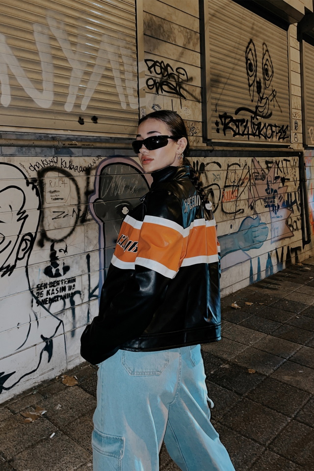 Siyah Deri Baskılı Kolej Ceket ATE3398 - 2