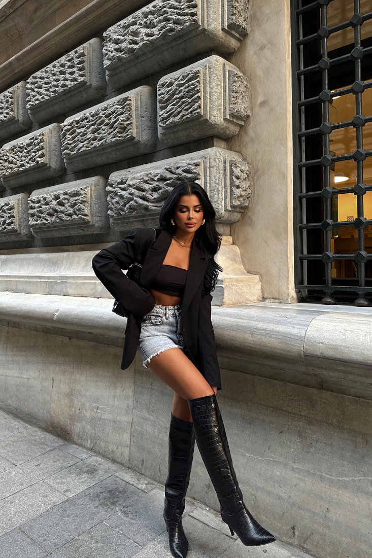 Siyah Deri Detay Topuklu Çizme ATE8639 - 