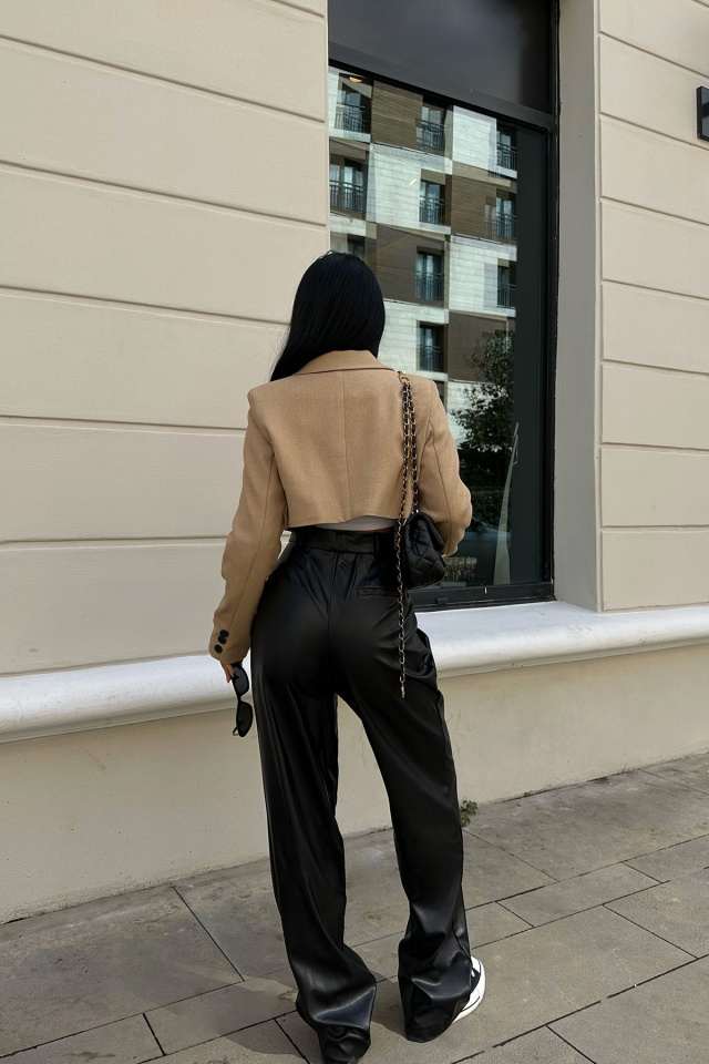 Siyah Deri Düğme Detay Pantolon ATE8743 - 5
