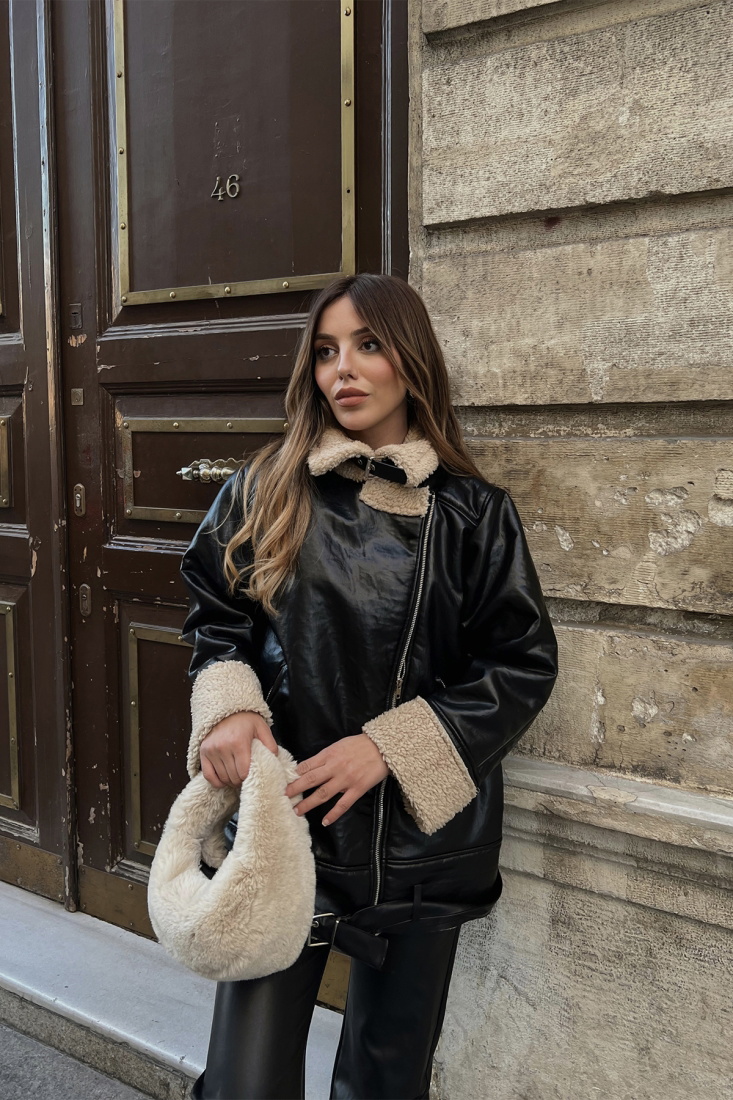 Siyah Deri İçi Peluş Mont ATE2273 - EYYO