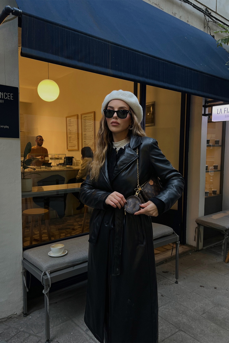 Siyah Deri Kruvaze Yaka Trenckot ATE3199 - EYYO