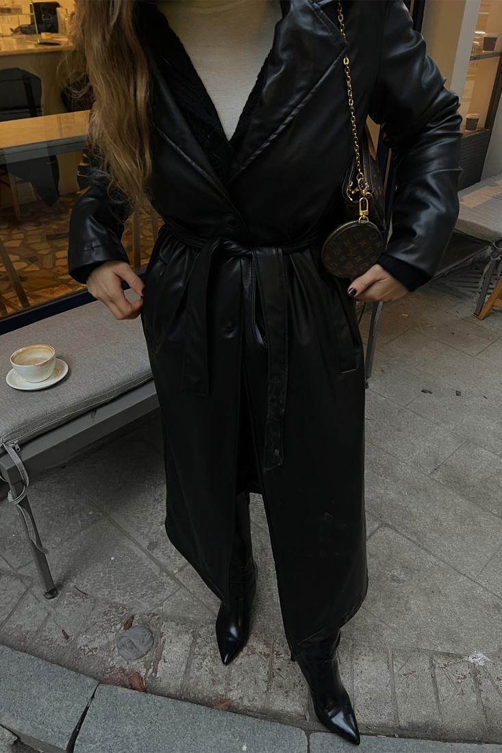 Siyah Deri Kruvaze Yaka Trenckot ATE3199 - EYYO