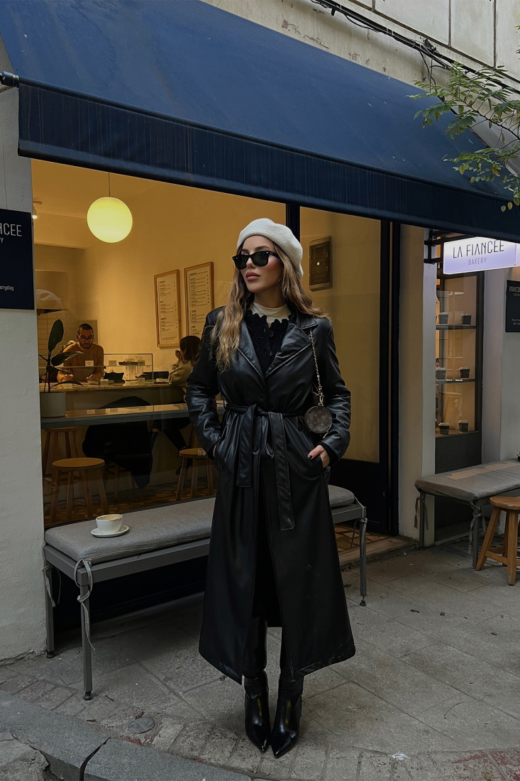 Siyah Deri Kruvaze Yaka Trenckot ATE3199 - EYYO