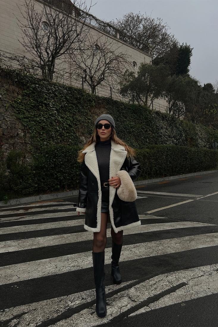 Siyah Deri Peluş Mont ATE3135 - EYYO