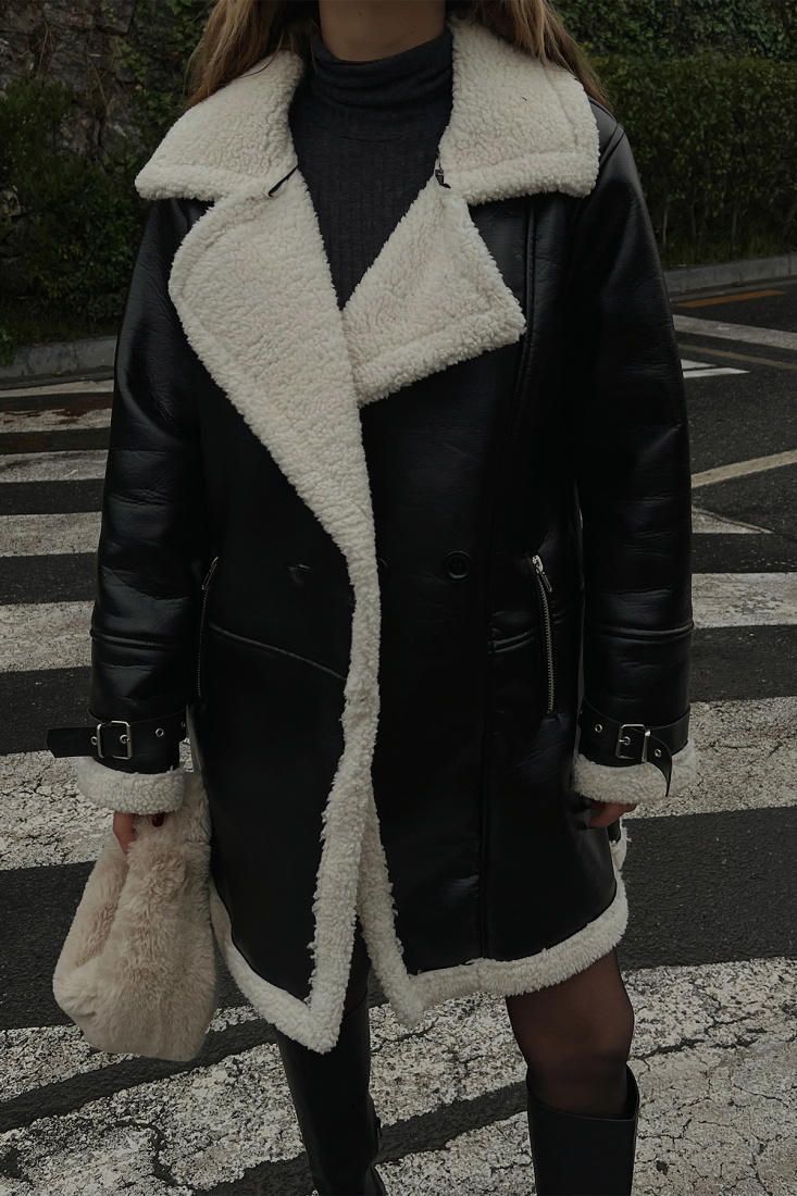 Siyah Deri Peluş Mont ATE3135 - EYYO