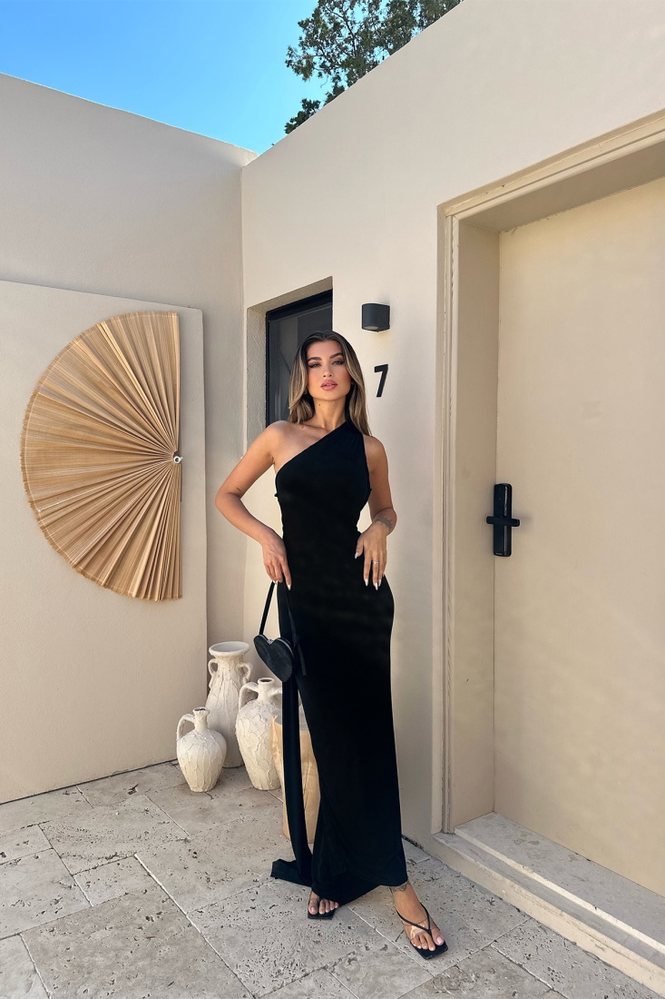 Siyah Yırtmaçlı Halka Detay Elbise ATE7470 - EYYO