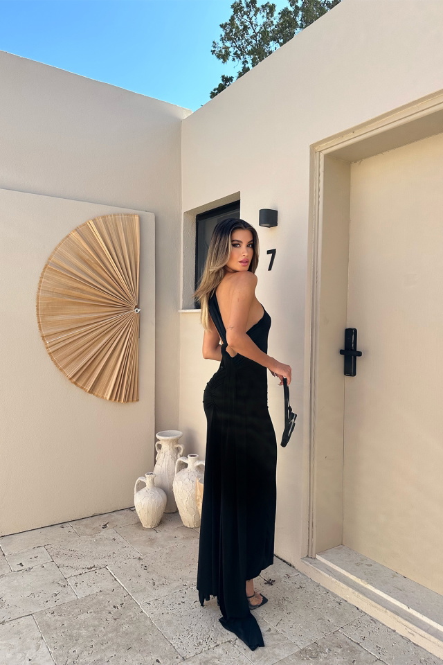 Siyah Yırtmaçlı Halka Detay Elbise ATE7470 - 5