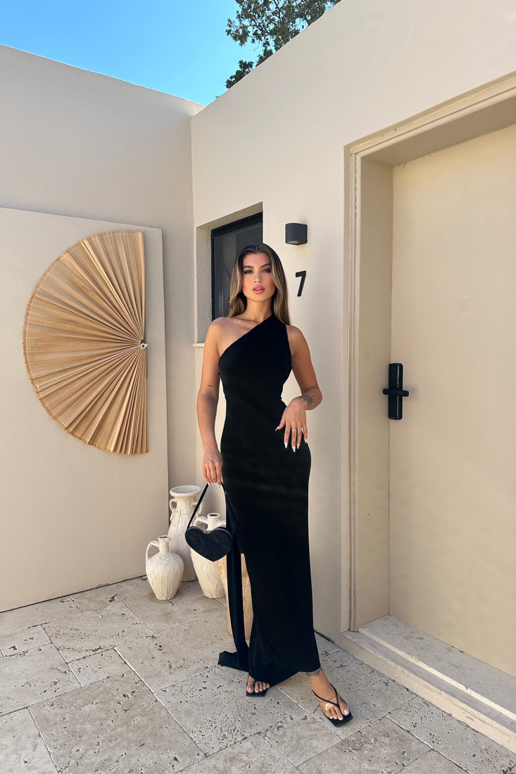 Siyah Yırtmaçlı Halka Detay Elbise ATE7470 - EYYO