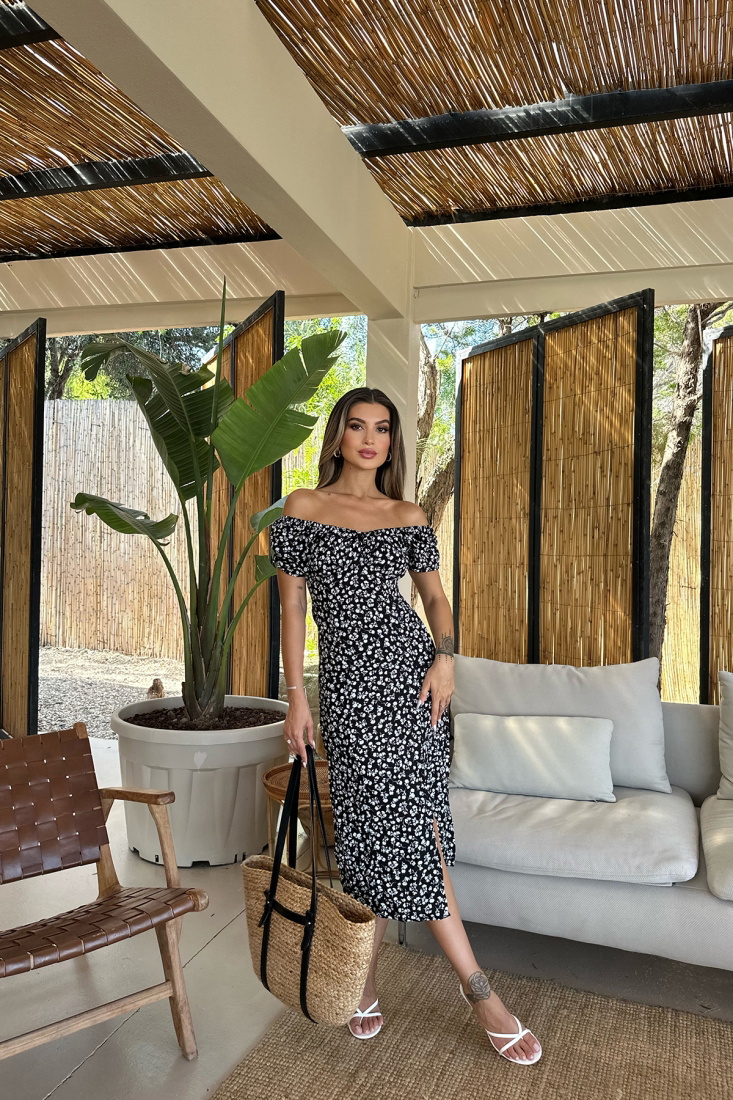 Siyah Derin Yırtmaçlı Elbise ATE7505 - EYYO