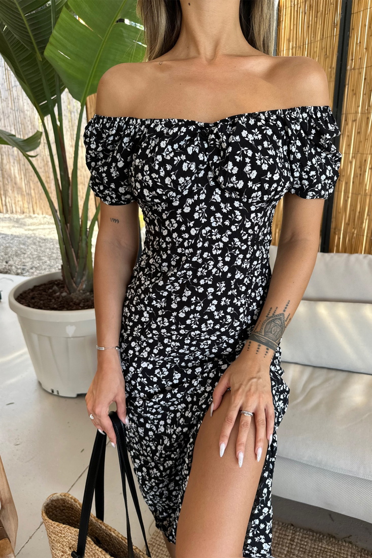 Siyah Derin Yırtmaçlı Elbise ATE7505 - EYYO