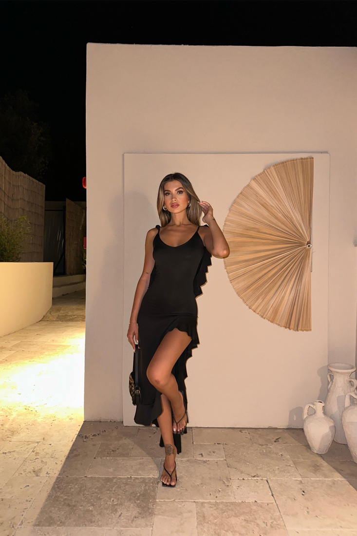 Siyah Derin Yırtmaçlı Uzun Elbise ATE7516 - EYYO