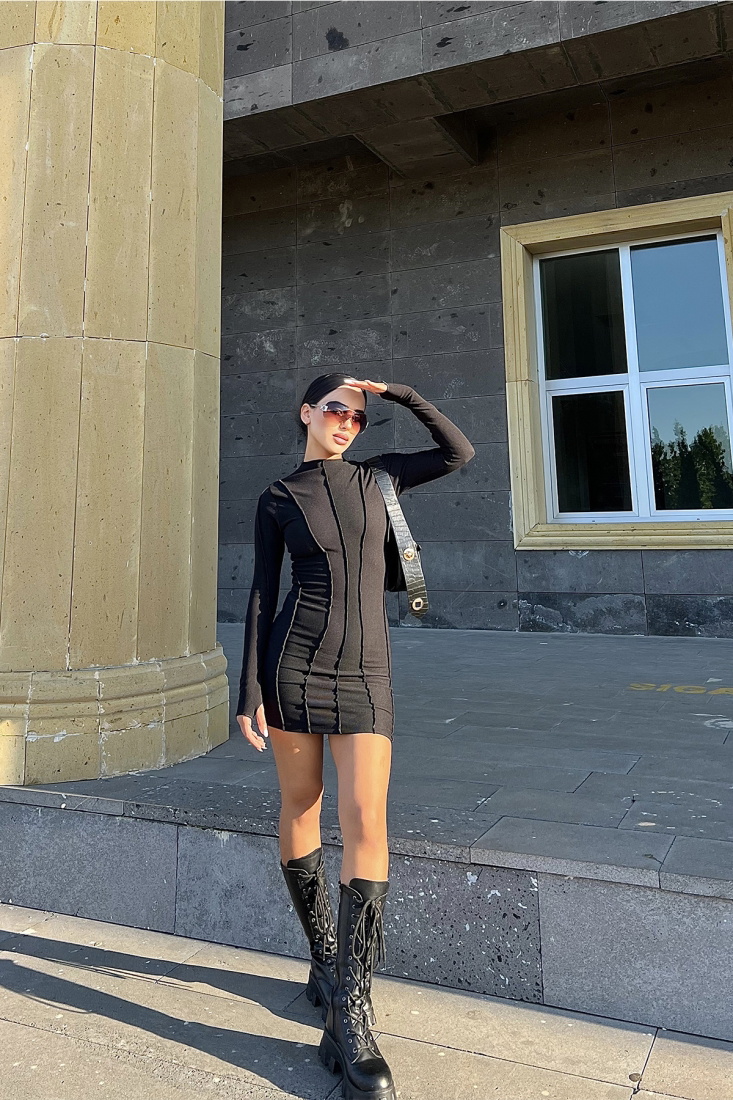 Siyah Dikiş Detay Mini Elbise ATE2014 - PAYNA