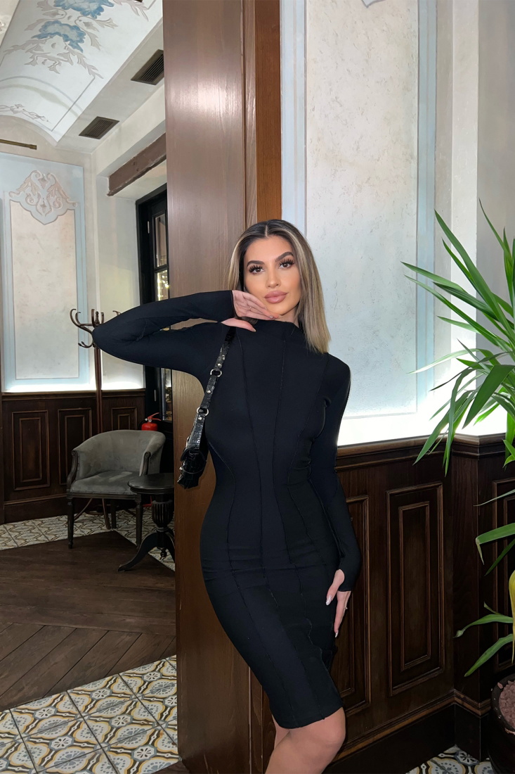 Siyah Dikiş Detay Uzun Elbise ATE4133 - EYYO