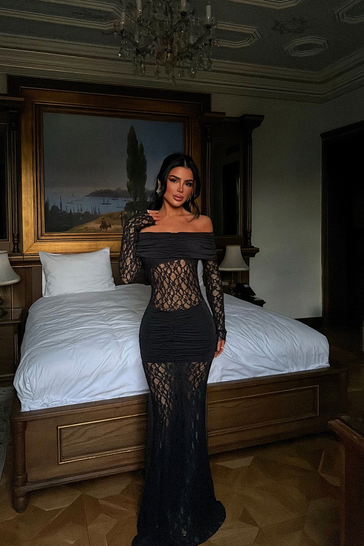 Siyah Ellodie dantel uzun elbise ATE-4535 - EYYO