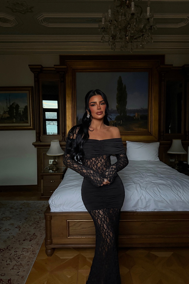 Siyah Ellodie dantel uzun elbise ATE-4535 - 2