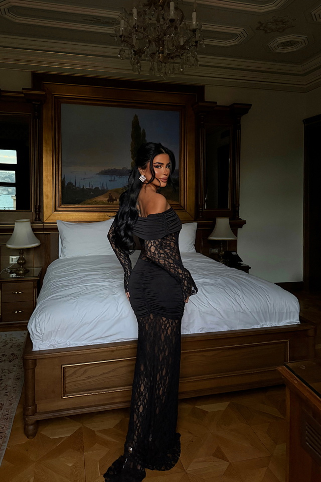 Siyah Ellodie dantel uzun elbise ATE-4535 - 4