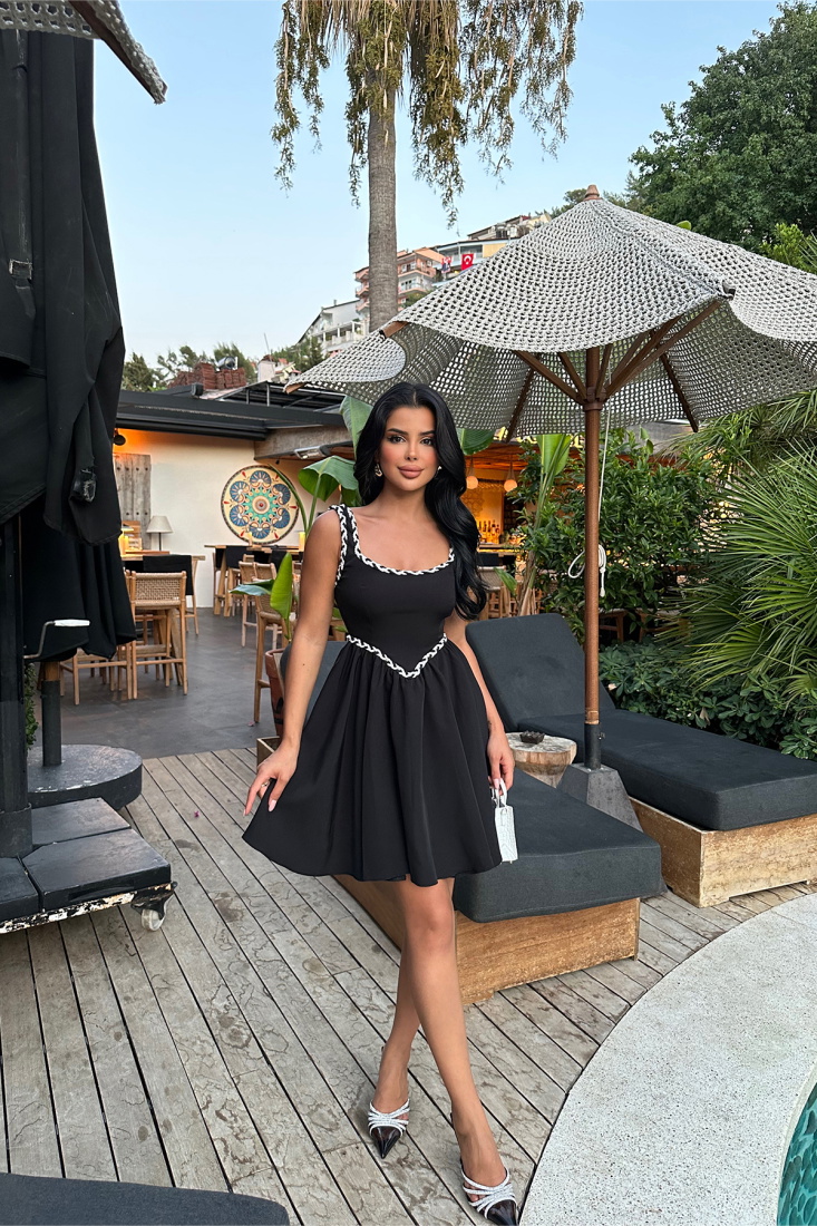 Siyah Dualipa Mini Elbise ATE8258 - EYYO