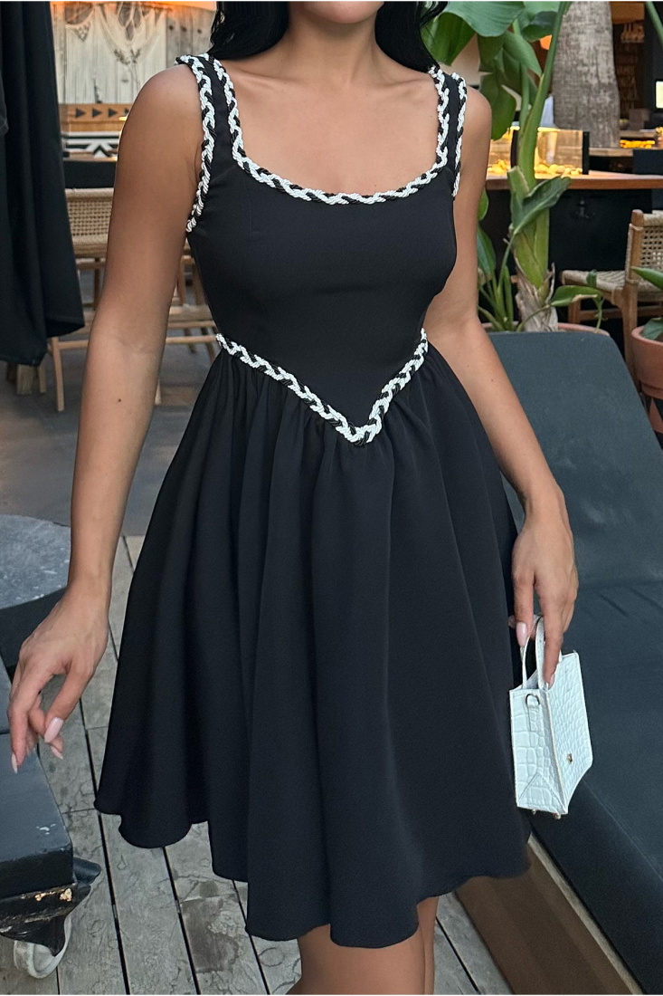 Siyah Dualipa Mini Elbise ATE8258 - EYYO