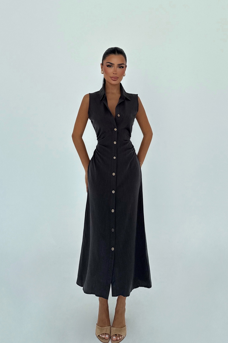 Siyah Lyza Uzun Düğmeli Elbise ATE-3228 - EYYO
