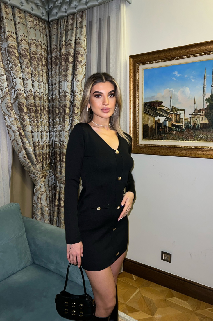 Siyah Düğme Detay Mini Elbise ATE3785 - EYYO