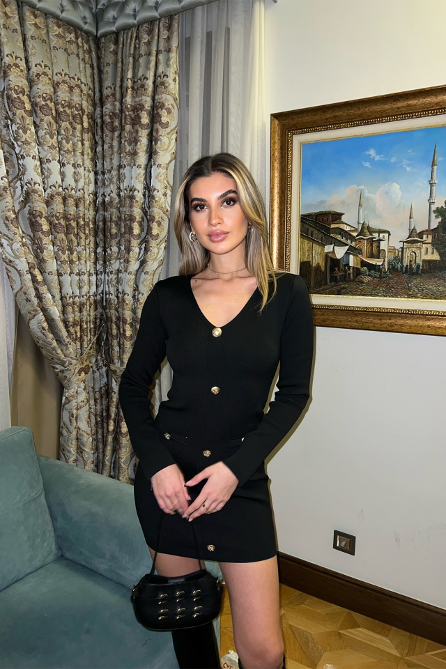 Siyah Düğme Detay Mini Elbise ATE3785 - 1
