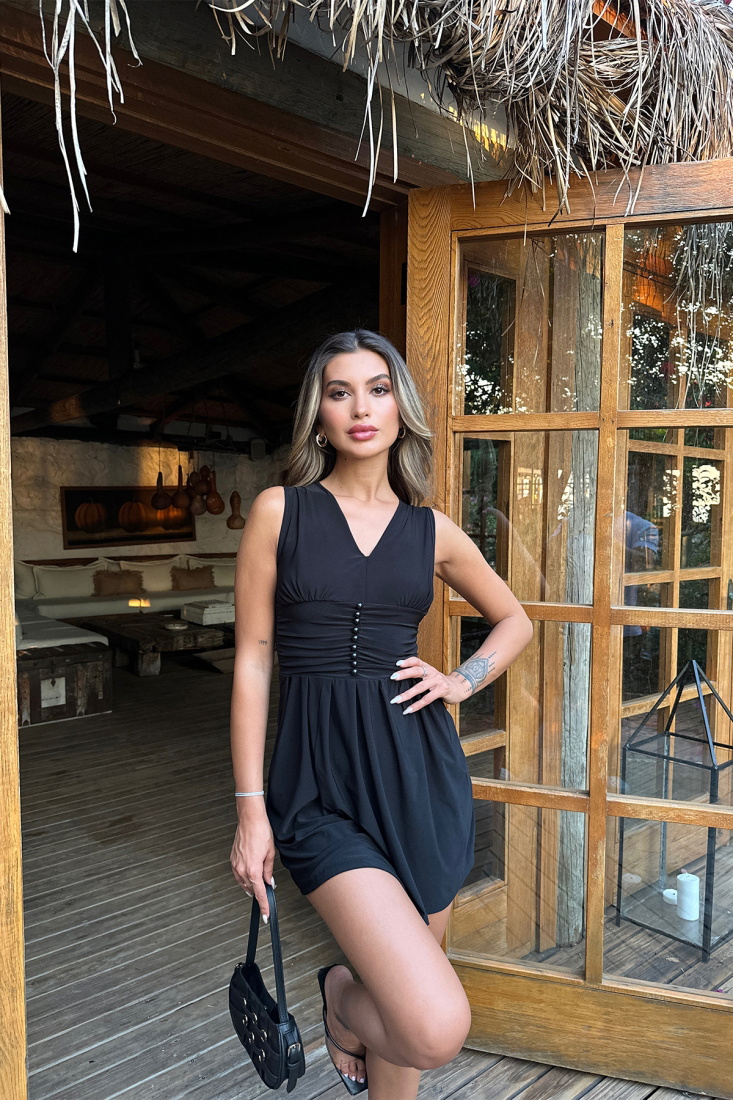 Siyah Düğme Detay Sıfır Kol Elbise ATE7267 - EYYO