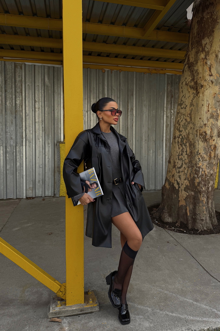 Siyah Drowe Deri Trenç ATE-1926 - EYYO