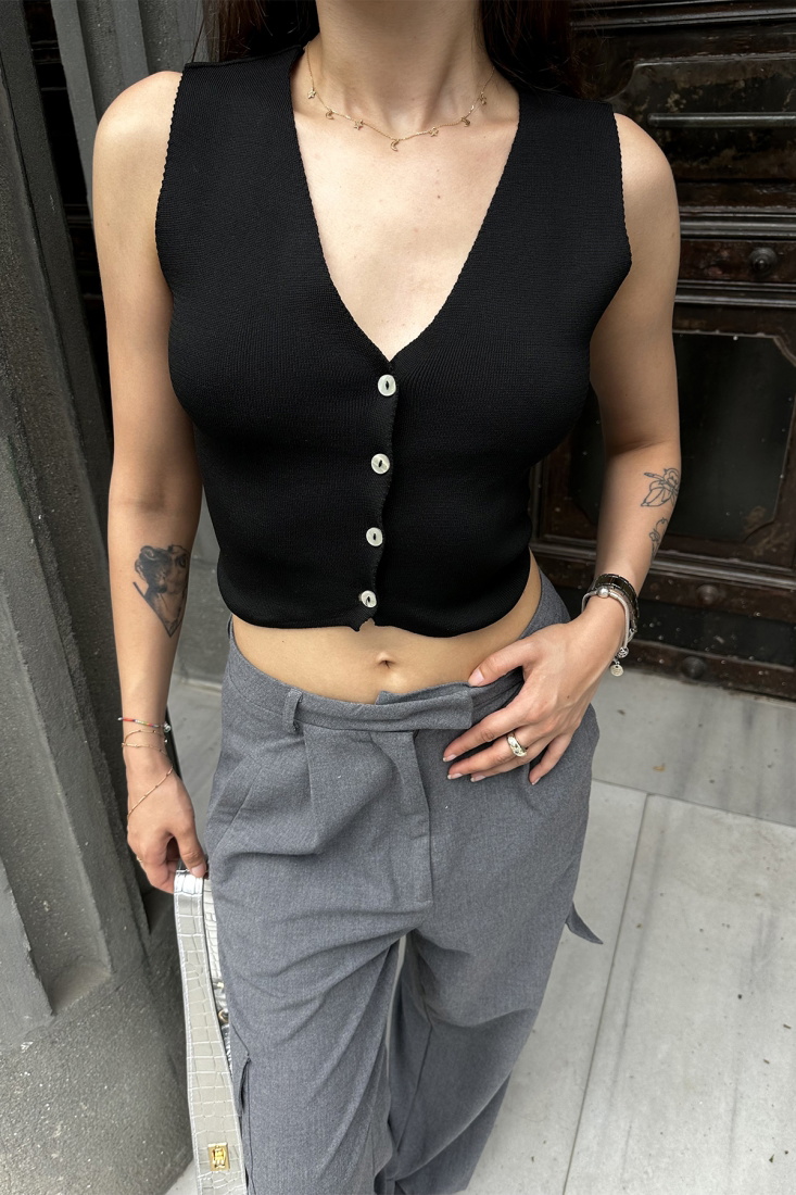 Siyah Düğme Detay Yelek ATE7425 - KENZA